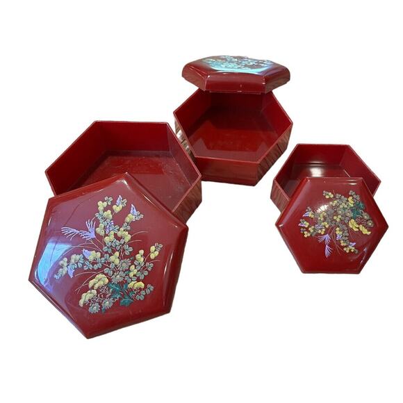 Vintage Floral Nesting Trinket Boxes Set of 3 Hexagon Hong Kong Lacquer Keepsake - Picture 4 of 5
